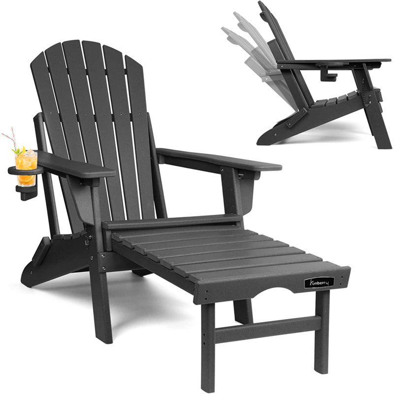 Azur Plastic Folding and Adjustable Adirondack Chair with Ottoman, Black