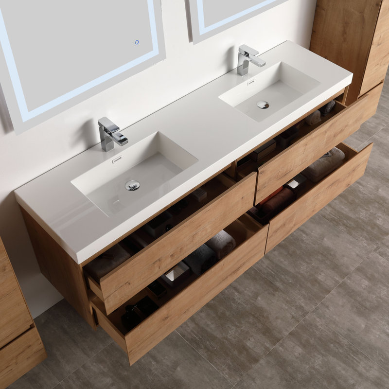 72 Inch Floating Double Bathroom Vanity with Sink – Wall-Mounted Modern Wood Cabinet with Acrylic Top & Soft-Close Drawers for Contemporary Bathrooms