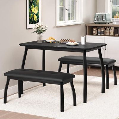 Dining Table Set for 2, 3 Piece Kitchen Table Set with Bench, Black Dining Table with Metal Frame, Compact Dining Set for Apartment