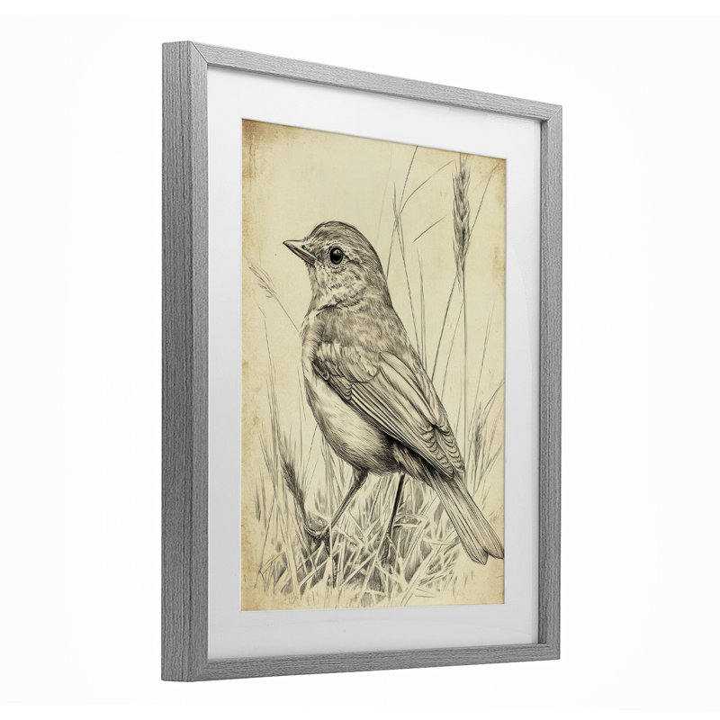 Petit oiseau rétro, reproduction sous verre encadrée, design par Petal Prints Design, H 21 po x l 17 po, Cadre de ferme gris