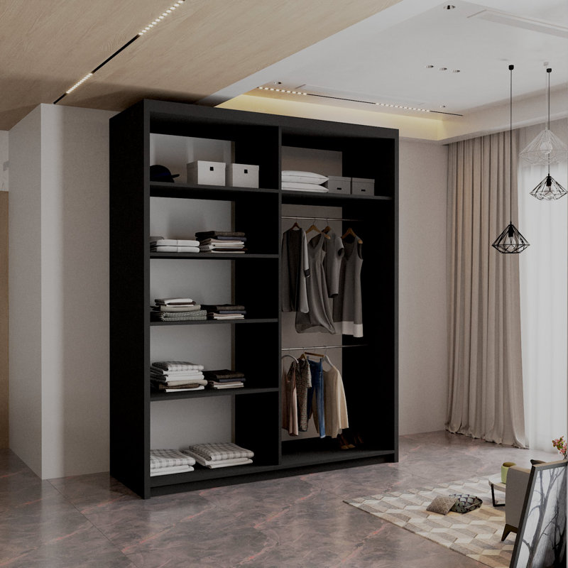 Sliding Wardrobe with Mirror Modern Bedroom 4 Colours 3 Sizes, Black, 217cm H X 150cm W X 62cm D
