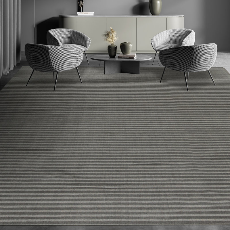Hand Knotted Wool Striped Area Rug in Charcoal/Gray, Rectangle 8' x 10', Brown