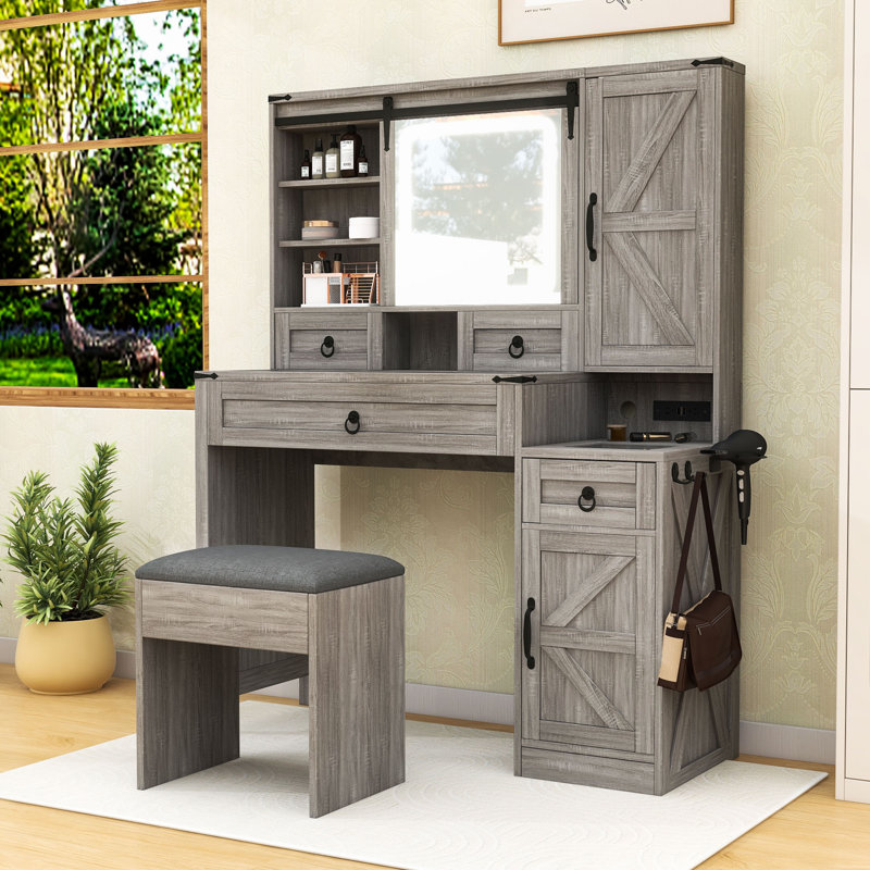 Bureau de maquillage avec bureau intégré, tiroirs, crochets latéraux et tablettes, Gris