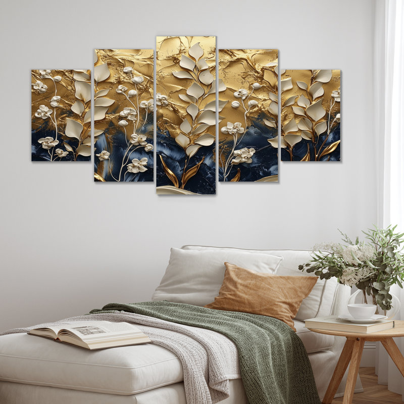 Or blanc harmonie herbes - décoration murale herbes florales - art mural traditionnel, H 32 po x l 60 po, 5