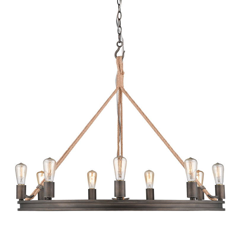 Lustre unique en forme de roue de chariot à 9 lumières avec accents de corde Davy, 9, Bronze industriel