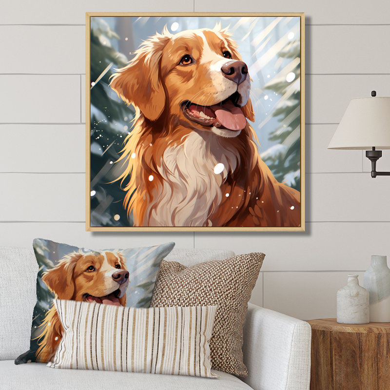 Winter Labrador Dog Happiness - Art mural chien, Cadre flottant brun, H 30 po x l 30 po x P 1,5 po