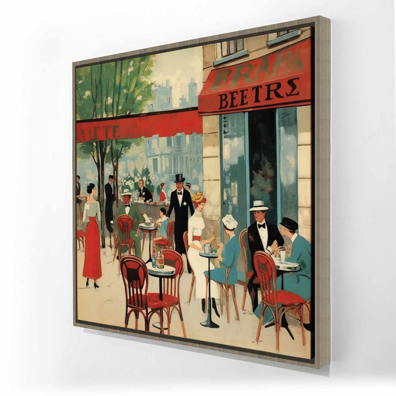 "Public cafe", toile illustrative encadrée beige