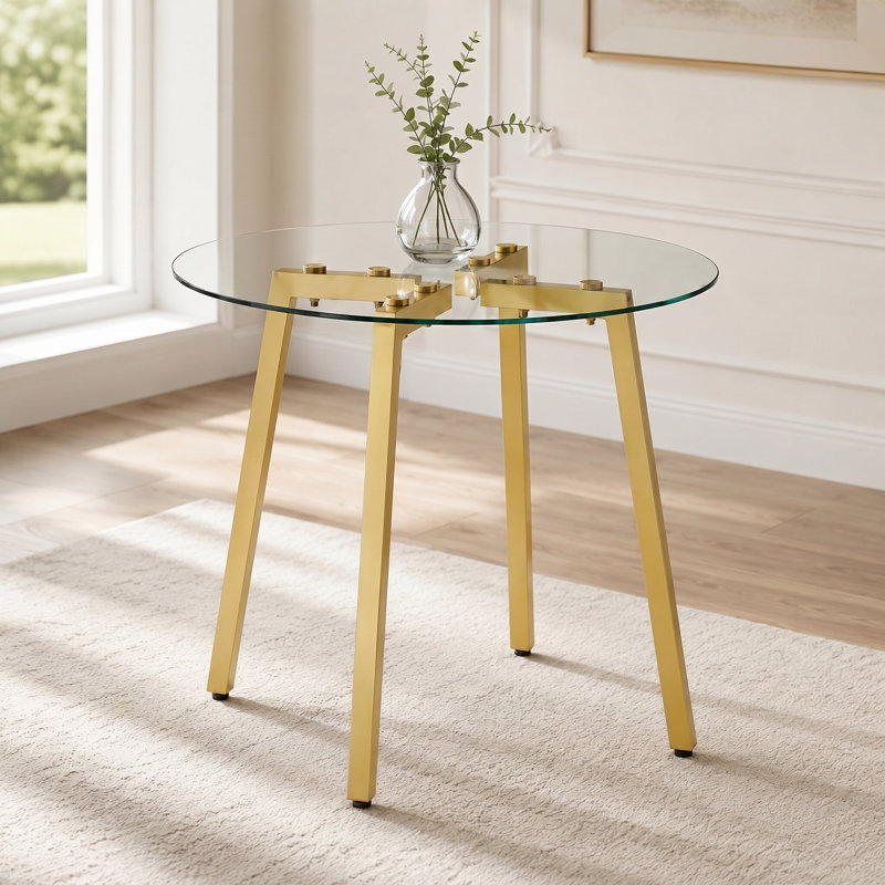 Modern Round Clear Tempered Glass Dining Table, Gold, 29.5" H x 36" W x 36" D