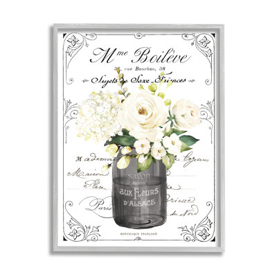 Vintage Parisian Bathroom Floral Bouquet White Flowers Gray Farmhouse Oversized Rustic Framed Giclee Texturized Art by Lettered and Lined