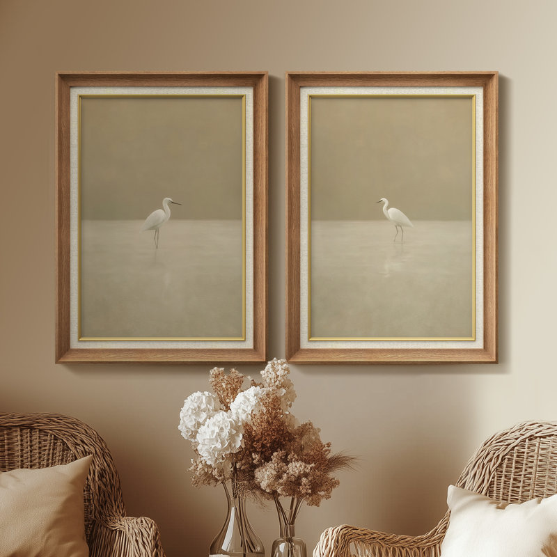 Oiseau aigrette minimaliste sur fond de scène beige doux - ensemble de 2 reproductions d'art mural encadrées de qualité supérieure sur papier 26 po x 36 po