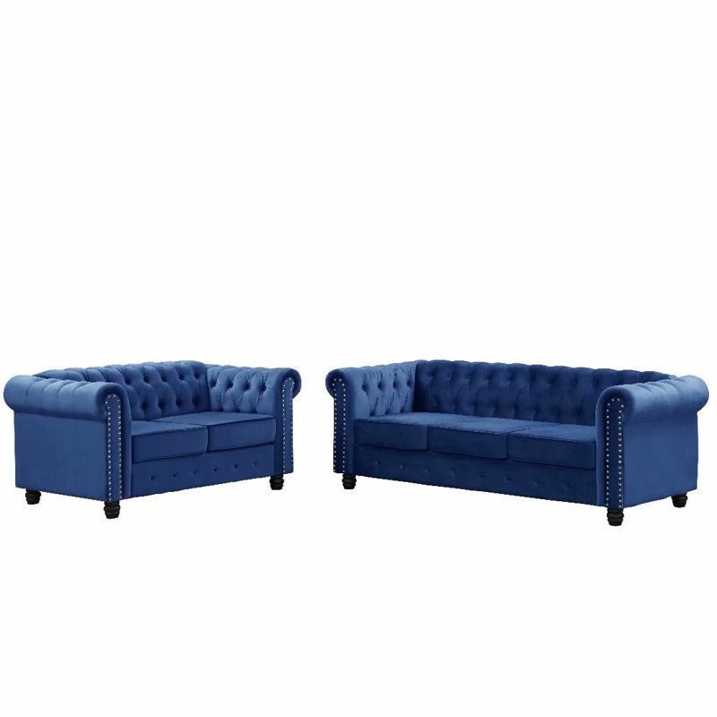 Ensemble de salon capitonné Perry Chesterfield, Velours bleu