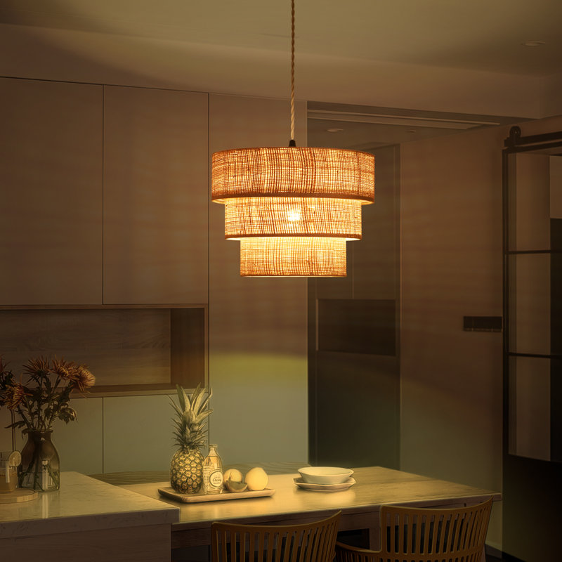 3 Tier Rattan Plug in Pendant Light, Natural
