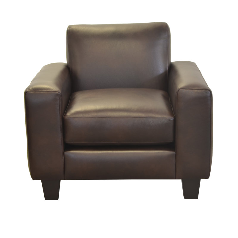 Fauteuil club en cuir fleur 38 po Rambir, Cuir véritable brun foncé vieilli