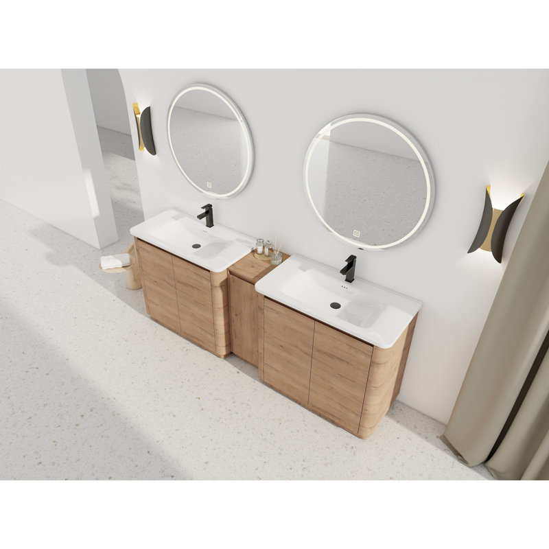  Ensemble de meuble-lavabo autoportant 84 po avec éviers simples en céramique et armoire de rangement latérale en chêne imitation 84 po