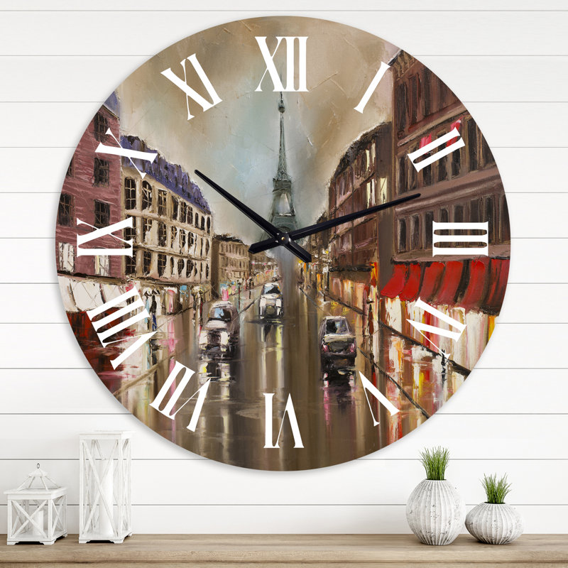 Horloge murale traditionnelle Quiet Rainy Street en gris Paris, Grand