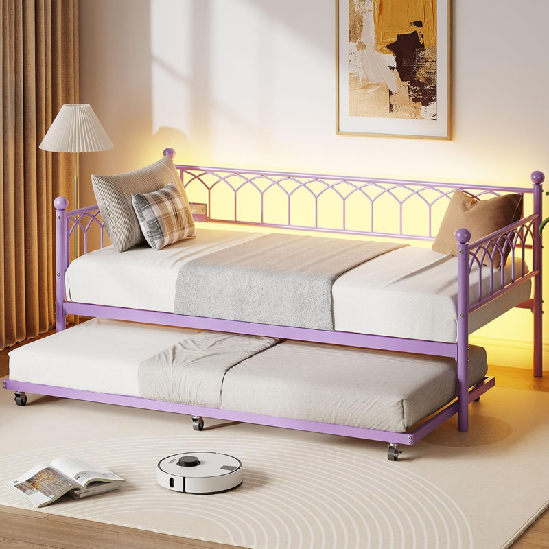 Twin Metal Daybed with Trundle, LED Lights & Charging Station, Purple, Purple