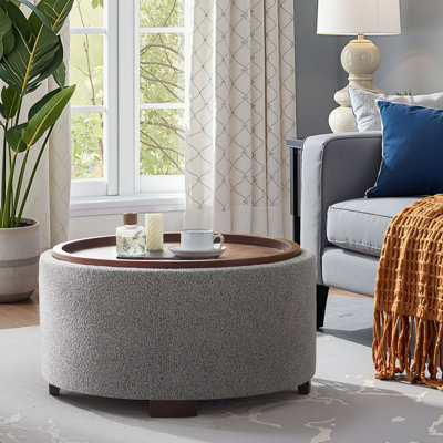 Caysey 30.1" W Upholstered Round Storage Ottoman with Wooden Tray