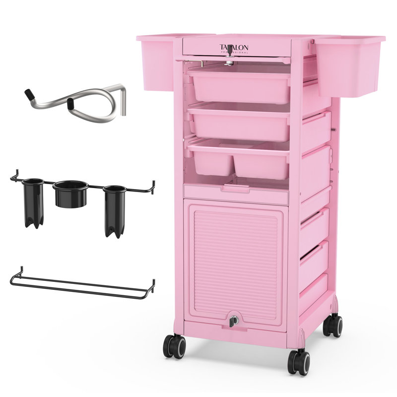 33"H x 13.2"W Salon Trolley Utility Cart With Lockable Wheels, Pink