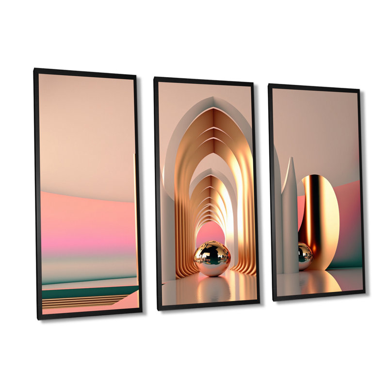 «Futuristic Golden Globe Architecture II», reproduction sur toile 3 pièces, Toile à cadre flottant noir