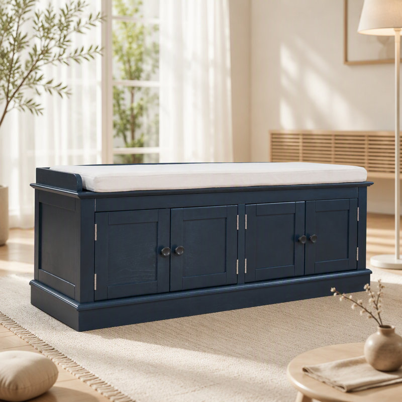 Banc de rangement avec étagères ajustables, banc à chaussures avec coussin amovible, Marine, Navy
