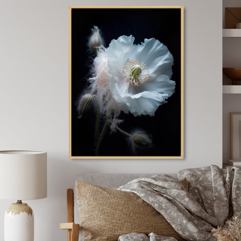 " Black And White Vibrant Poppies ", 20" H x 12" W x 1" D, Natural Floater Frame