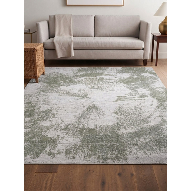 Tapis d'intérieur rectangulaire beige et vert abstrait en laine nouée à la main, Rectangle de 5 pi x 8 pi