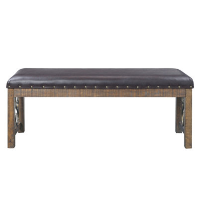 Dining Bench With Black Faux Leather And Weathered Cherry Finish Cover Stable Construction