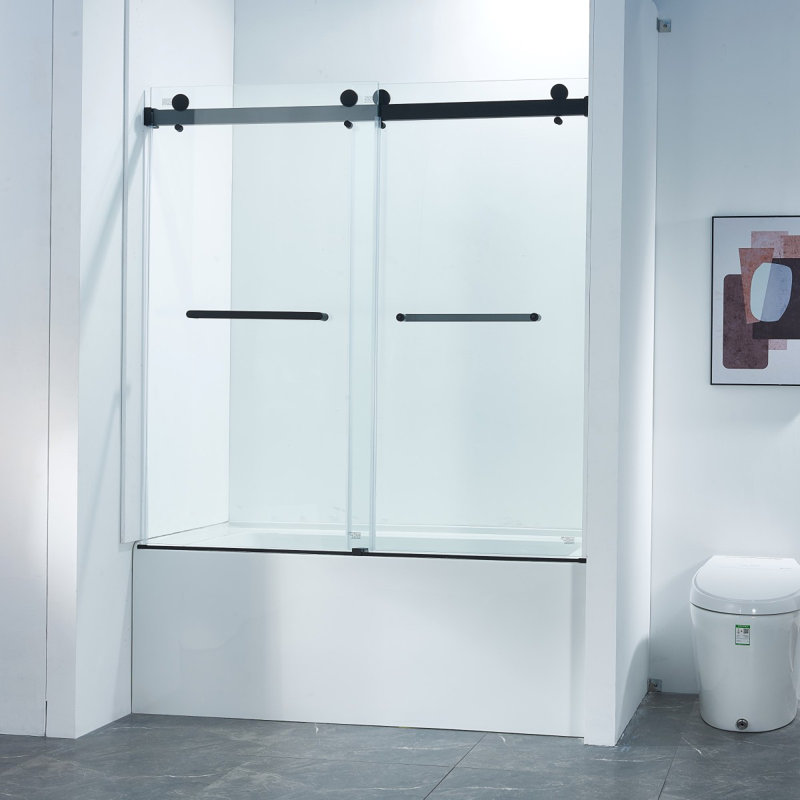 56"W X 60"H Frameless Double Sliding Tub Shower Door, 304 Stainless Steel In Matte Black, 5/16" (8Mm) Thick SGCC Tempered Clear Glass.