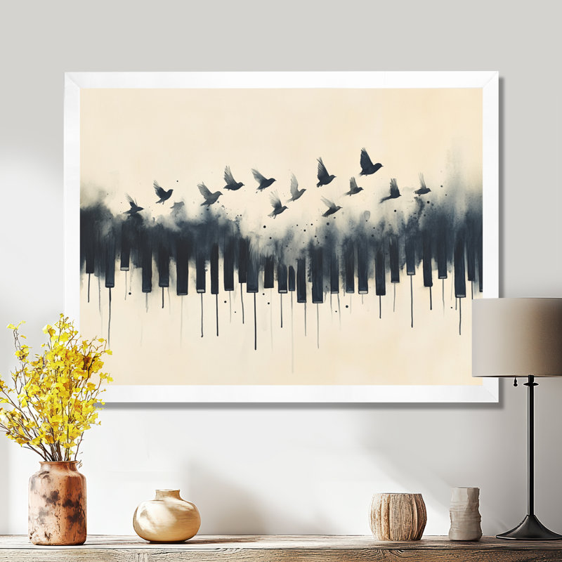 Touches de piano qui prennent leur envol - Tableau sur toile musical, H 12 po x l 20 po, Cadre photo blanc
