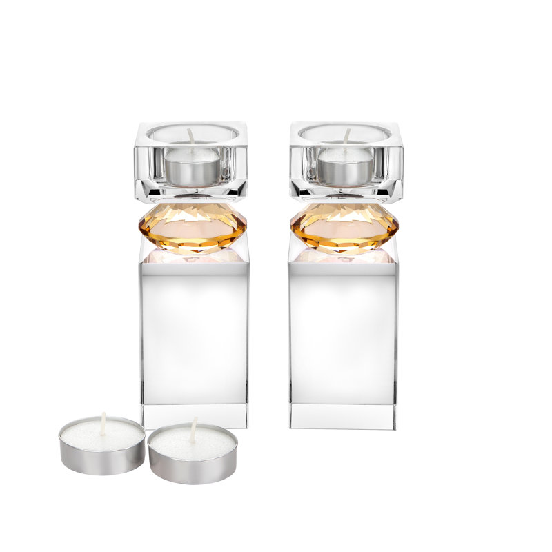 Set Of 2 Tall Tea Light Candle Holders With Amber Diamond On Foot - 2" X 2" X 5.6"H, Amber