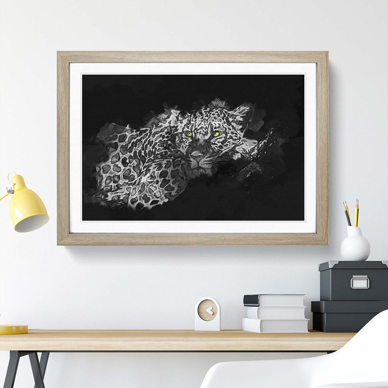 Leopard with Green Eyes High in Abstract - Picture Frame Graphic Art Print, 48cm H x 65cm W x 2cm D, Oak Framed