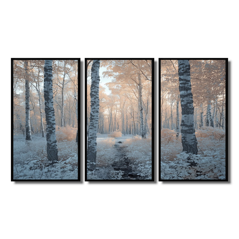 «Winter Birch Woods Forest Photo II - Winter Landscape», ensemble de reproduction d'art mural, Toile avec cadre flottant noir