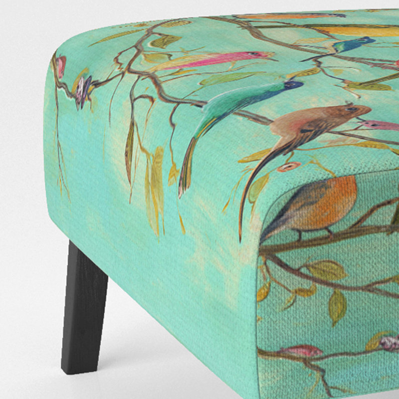Multi-Color Bird On Tree - Upholstered Farmhouse Accent Slipper Chair, Green Polyester Blend