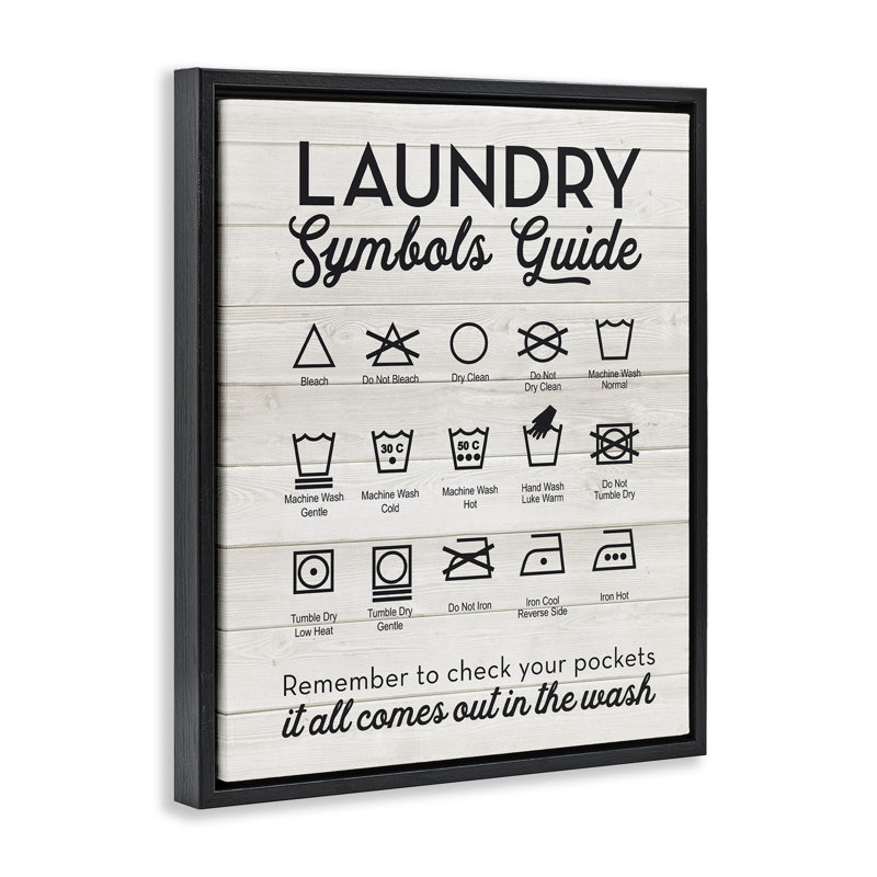 «Laundry Laundry Symbols Guide», art mural sur toile par lettrage et doublure, Cadre flottant noir de jais, H 21 po x l 17 po