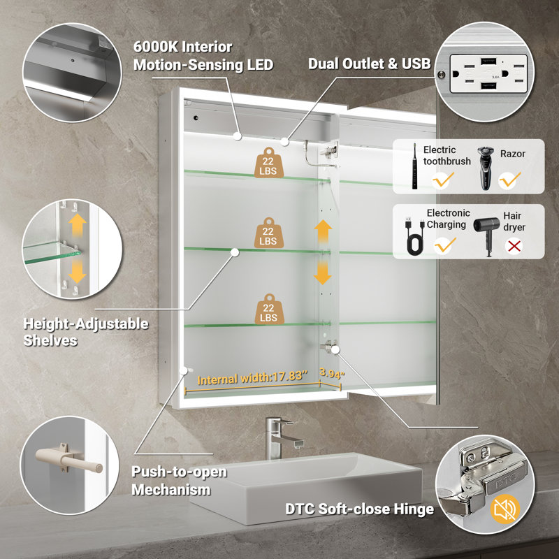 20X32" Beveled LED Medicine Cabinet With Anti-Fog Mirror – Surface/Recessed Mount, Dimmable Lights, Outlet, Clock & Sensor Light