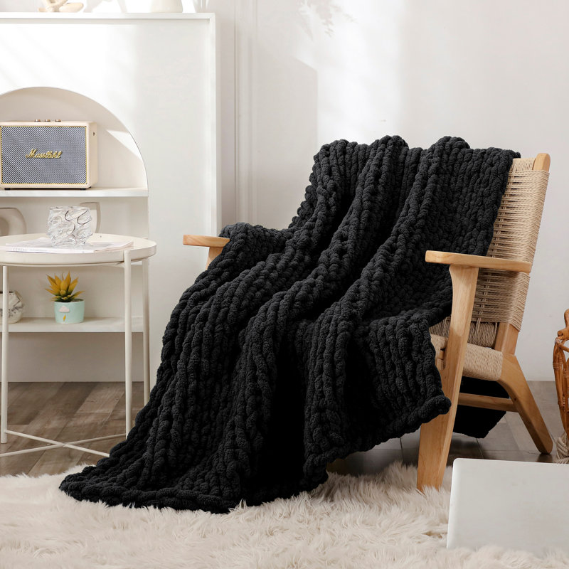 Jeté en chenille épais et tricoté à la main, Noir, noir, noir, noir