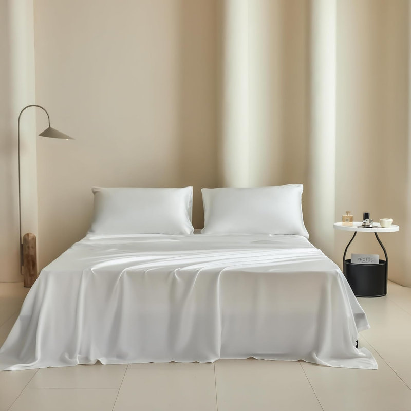 Ensemble de draps 100% Tencel Eucalyptus Lyocell, Ensemble de draps pour lit simple avec 1 taie d'or, Blanc