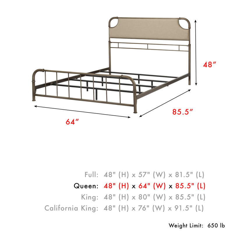 Mize Upholstered Metal Sleigh Bed, Queen