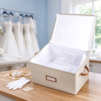 Wedding Dress Storage Box with Lid, Acid-Free Preservation Organizer, Foldable Bridal Gown Keepsake Container with Microfiber Gloves and Archival Paper