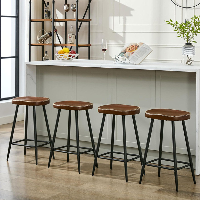 Adjustable Brown Faux Leather Saddle Bar Stools with Metal Legs