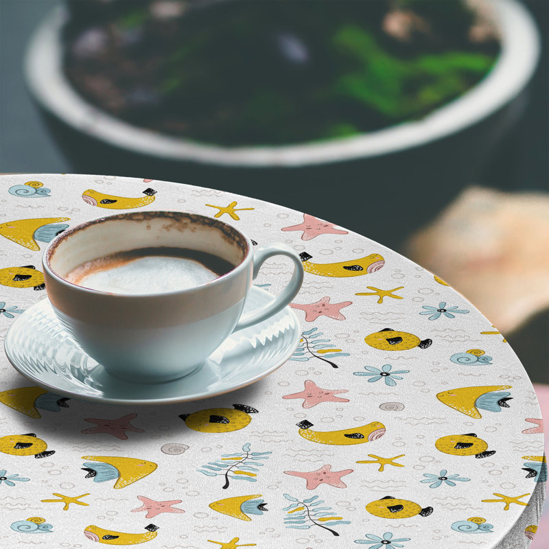 Ebern Designs Underwater Fitted Round Tablecloth White Multicolor, 64.17" Round