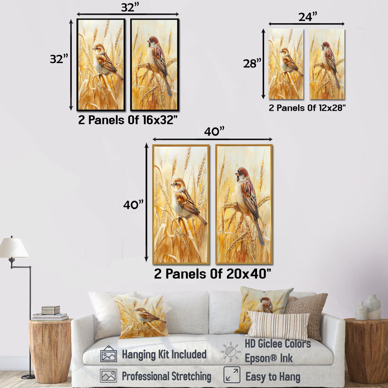 Oiseau domestique parmi les blés I - Collection d'art sur toile 2 panneaux, H 28 po x l 25 po, Toile tendue