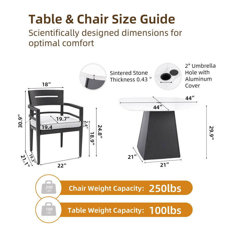 5-Piece Outdoor Pedestal Dining Set, 44" Rounded Square Sintered Stone Table With Flared Base And 4 Armchairs, Sunbrella Cushions, Rust-Free Aluminum, Weather-Resistant, For Patio Or Deck