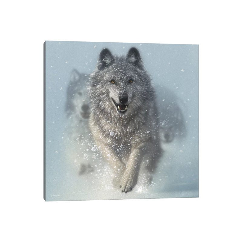 Chasse-neige - loups de course, carré, H 18 po x l 18 po x P 1,5 po, Toile encadrée noire, Blanc