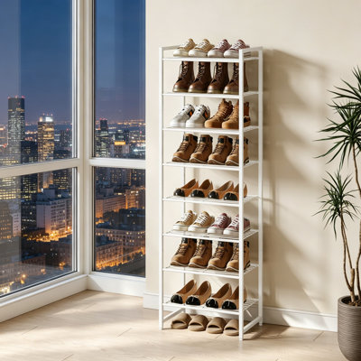 Narrow Shoe Rack, 8-Tier Metal Shoe Organizer, Tall Shoe Shelf with Anti-Tip Strap, Holds 18 Pairs, Space Saving for Closet, Entryway, White
