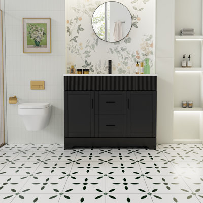 Meuble-lavabo autoportant Breonica de 42 po avec lavabo intégré en résine, design cannelé moderne, fini laqué PU résistant à l'eau, portes et tiroirs à fermeture amortie pour la rénovation de votre salle de bain.
