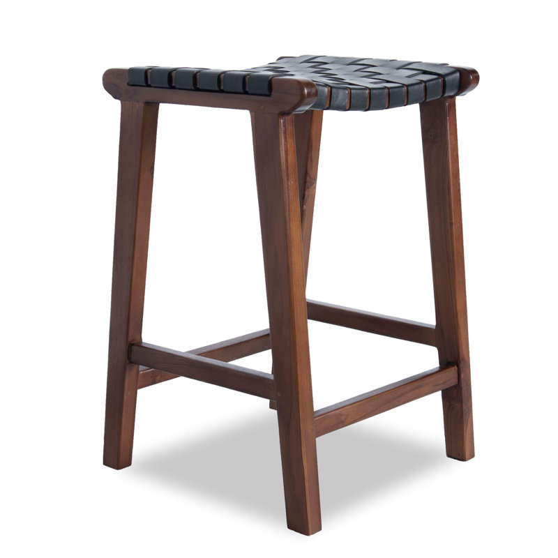 Solid Teak Counter Stool with Genuine Leather Seat, Black