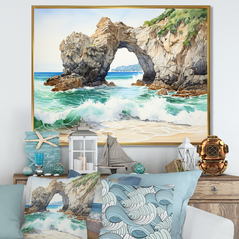 Coastal Rock Arch Beach 1 - Vagues côtières, art mural, Cadre flottant doré, H 34 po x l 44 po x P 1,5 po