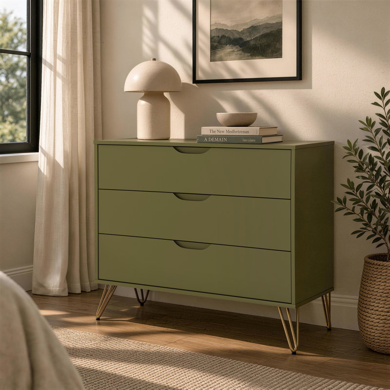 Commode anglaise 3 tiroirs Mid-Century Rockefeller, Vert olive