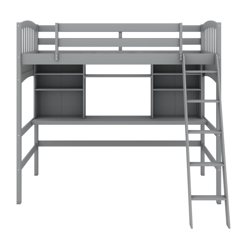 Lit mezzanine avec tablettes de rangement, bureau et échelle, Gris
